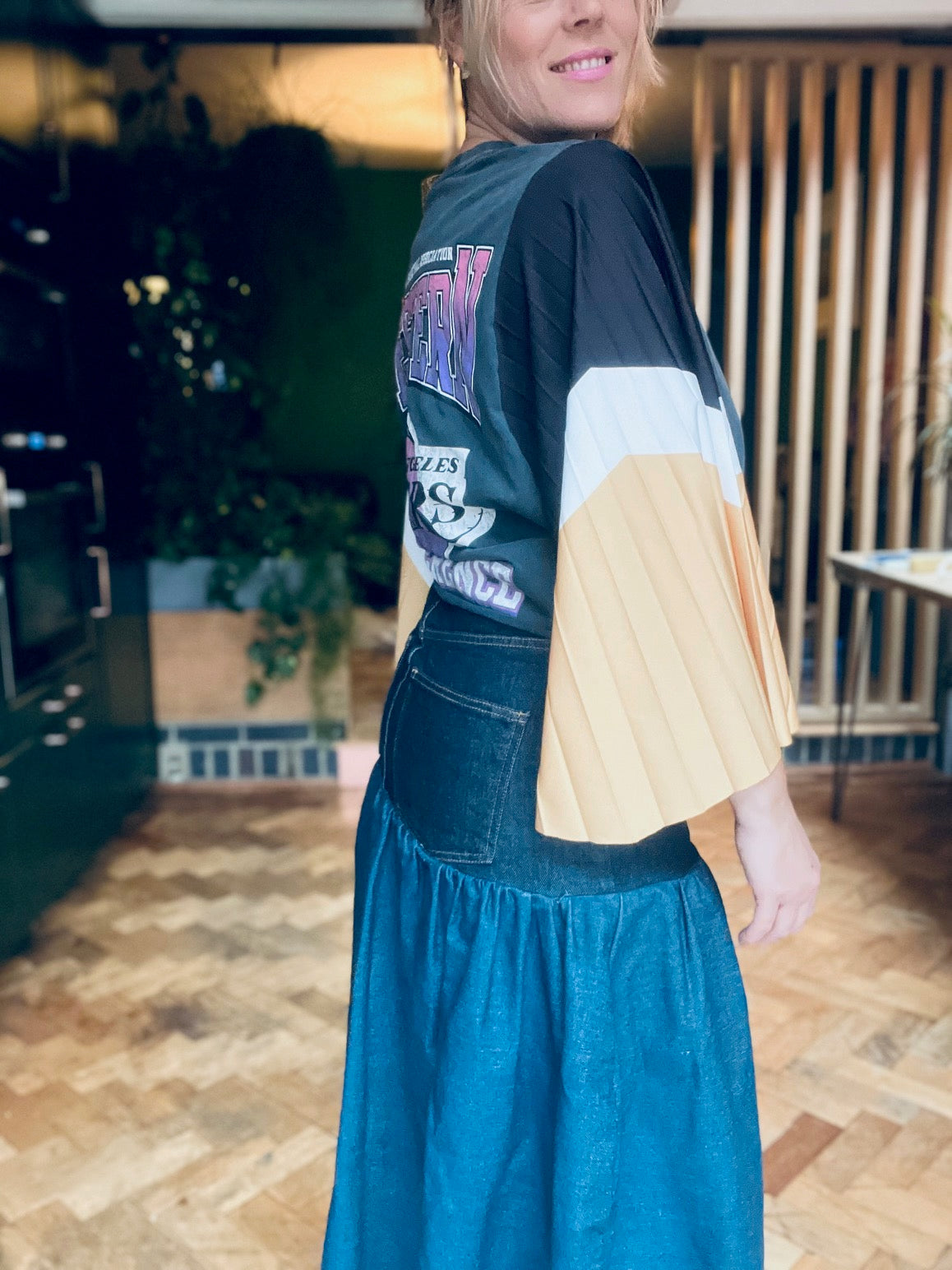 Drop waist denim repurposed skirt