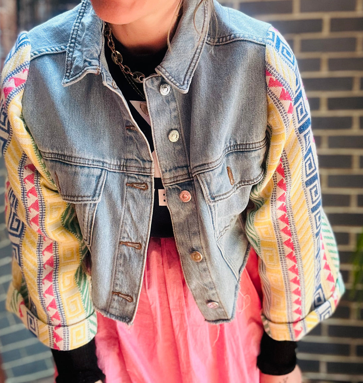 MY collection: Denim repurposed jacket with statement Aztec sleeves