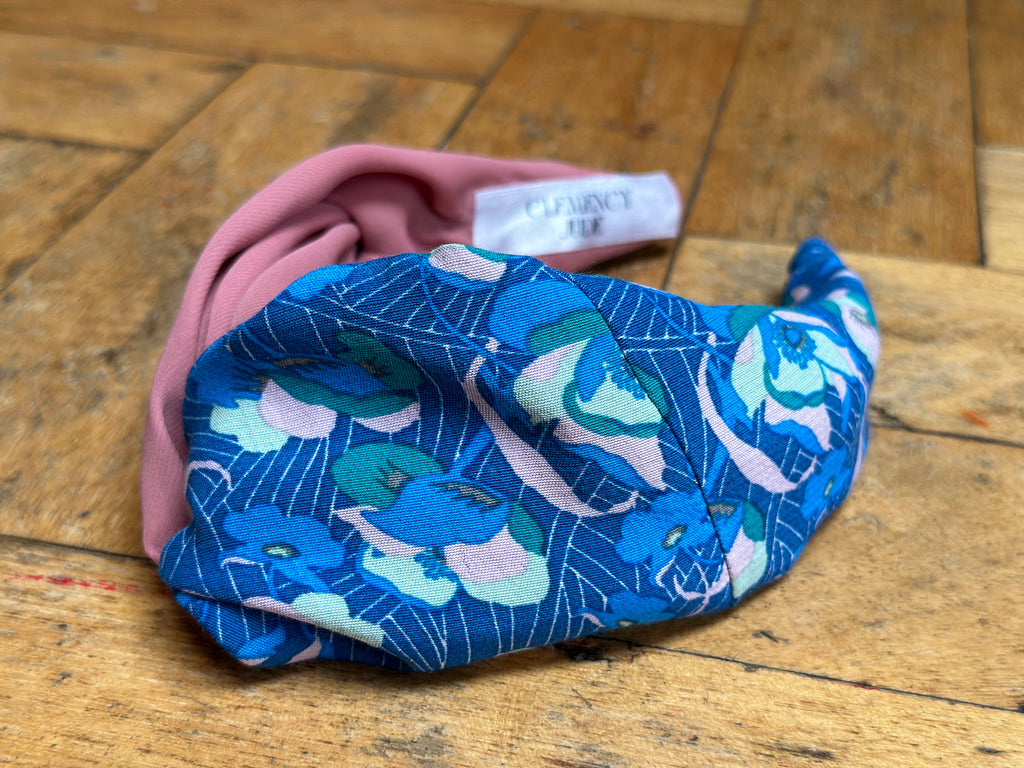Blue pink and green swirls turban-twist mixed with rose plain chiffon