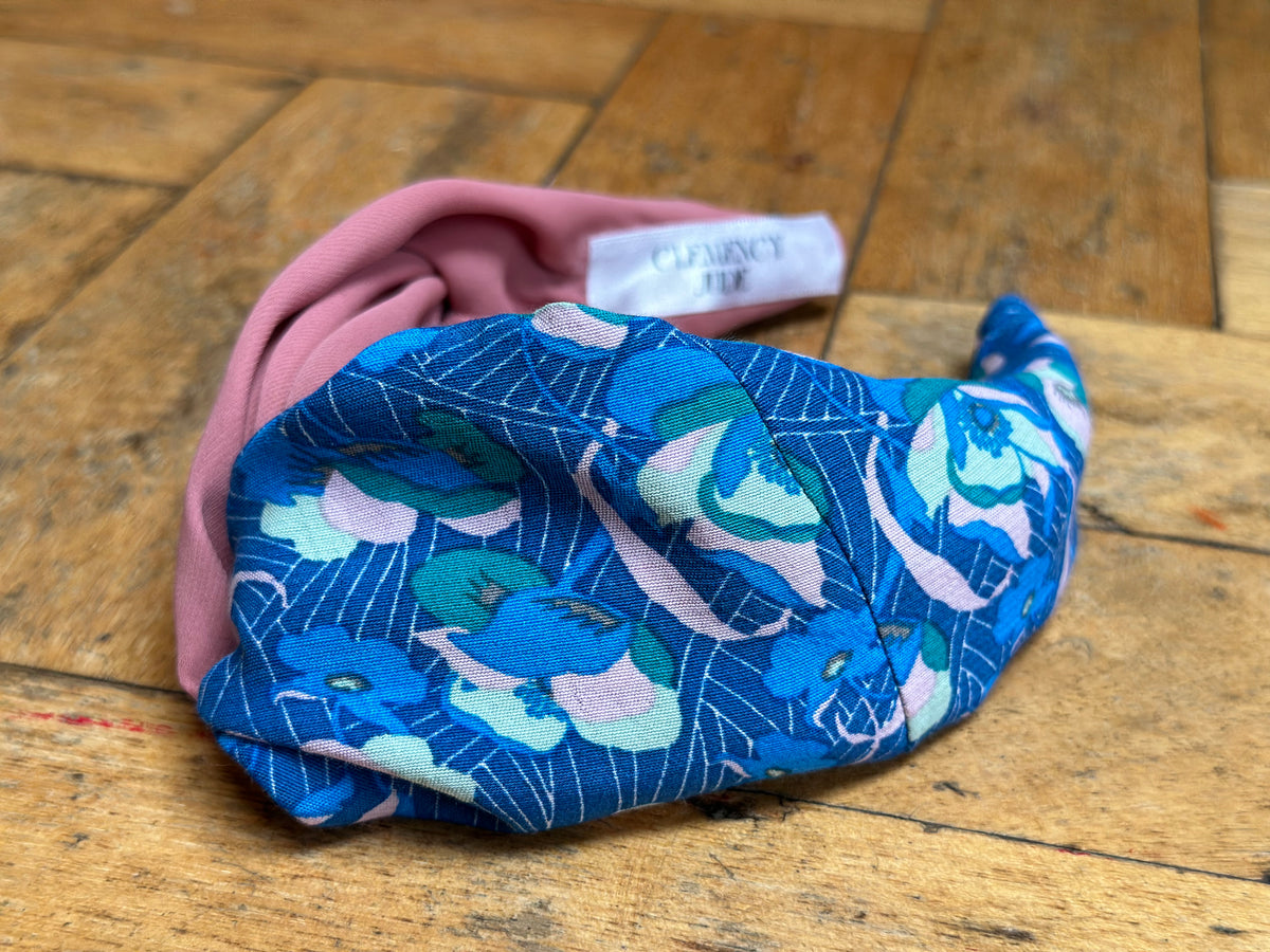 Blue pink and green swirls turban-twist mixed with rose plain chiffon