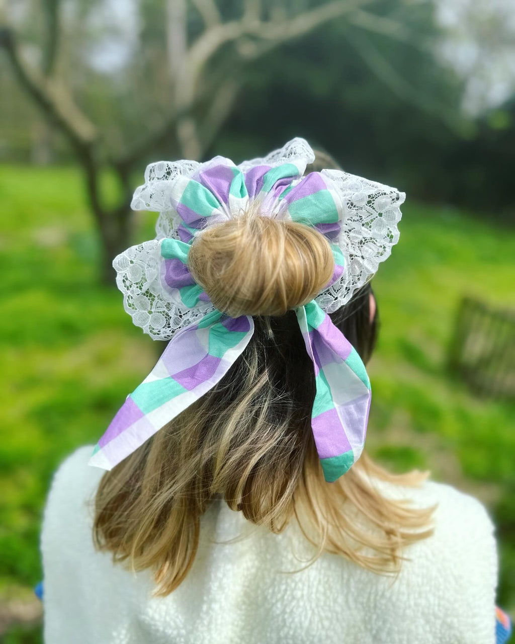 Oversized repurposed bow lace scrunchie mint green and lilac