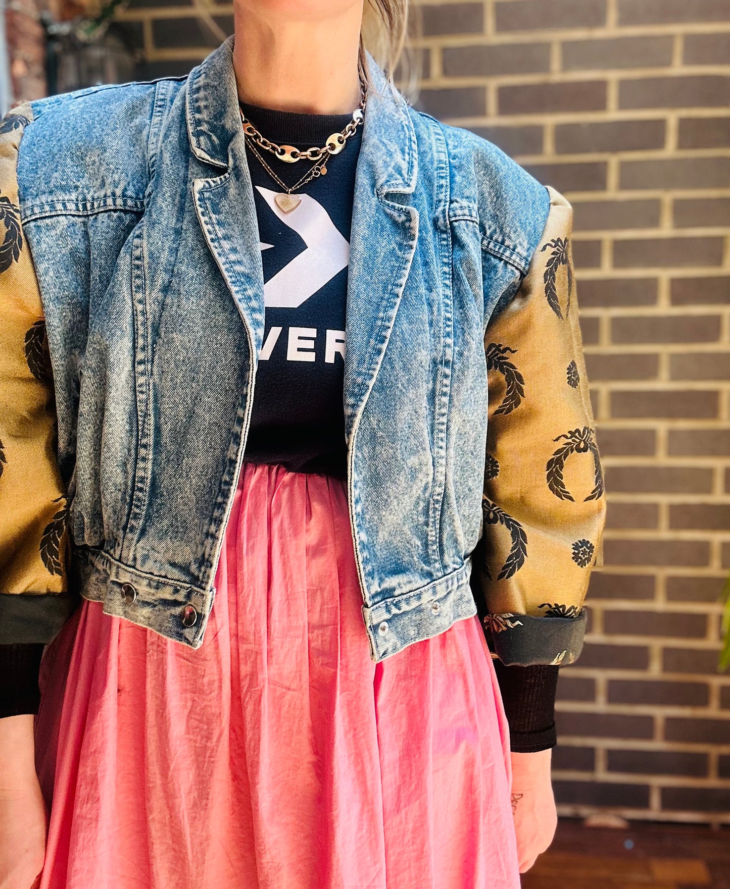 MY collection: Denim repurposed jacket with gold and black jaquard sleeves