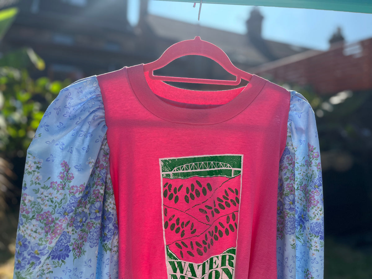 Watermelon pink and blue mega sleeved tee