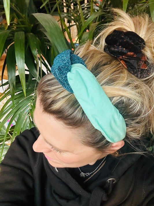 Teal and mint green glitter turban twist