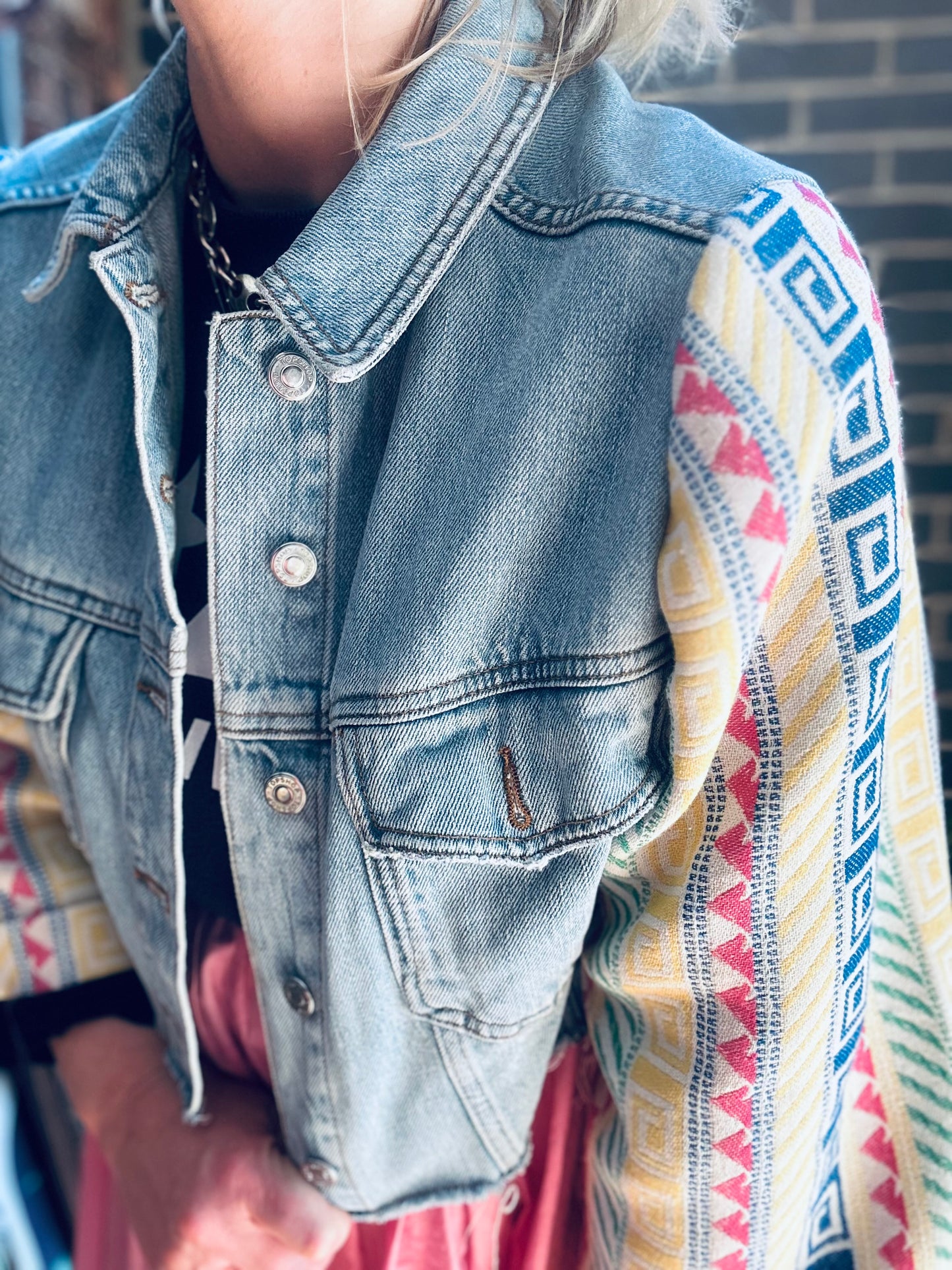 MY collection: Denim repurposed jacket with statement Aztec sleeves