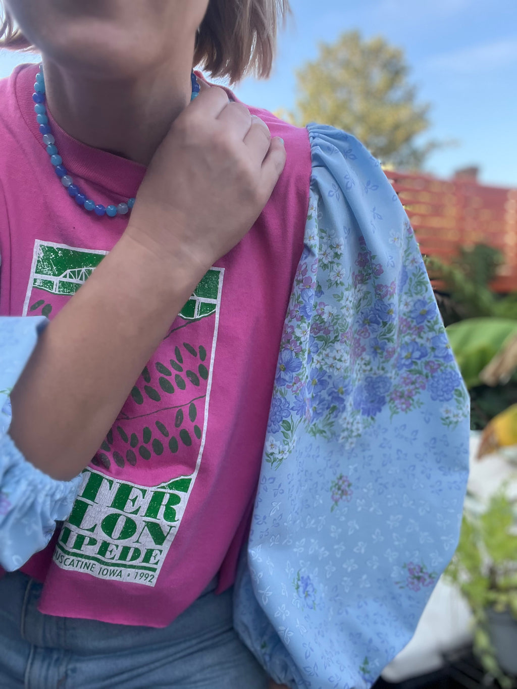 Watermelon pink and blue mega sleeved tee