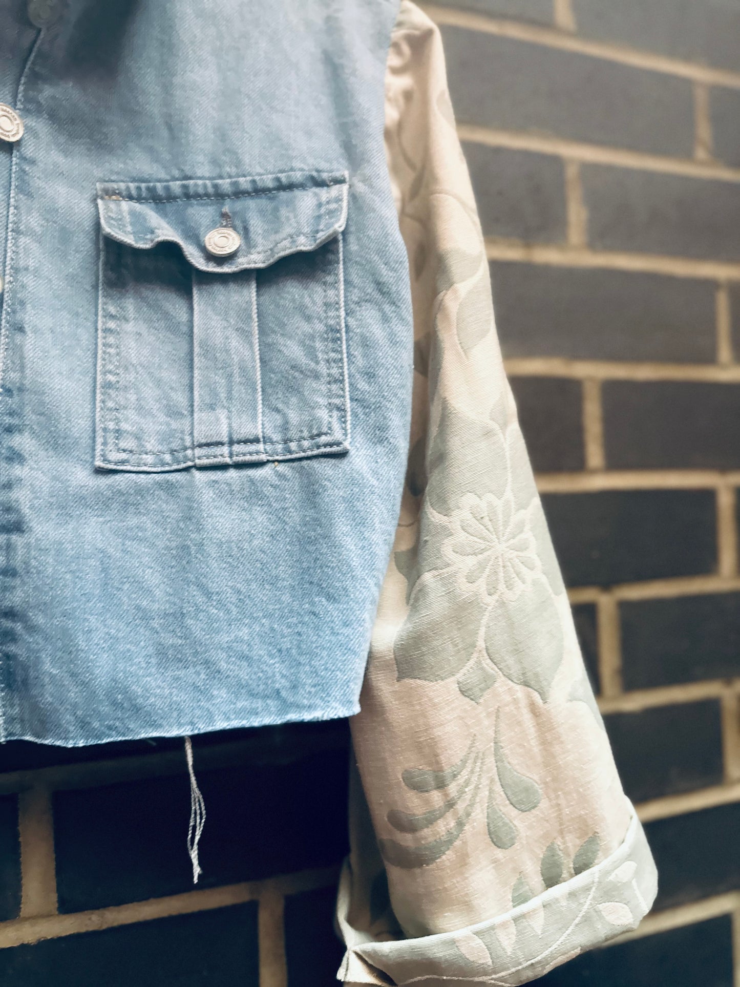 MY collection: Repurposed denim jacket with sage green arms