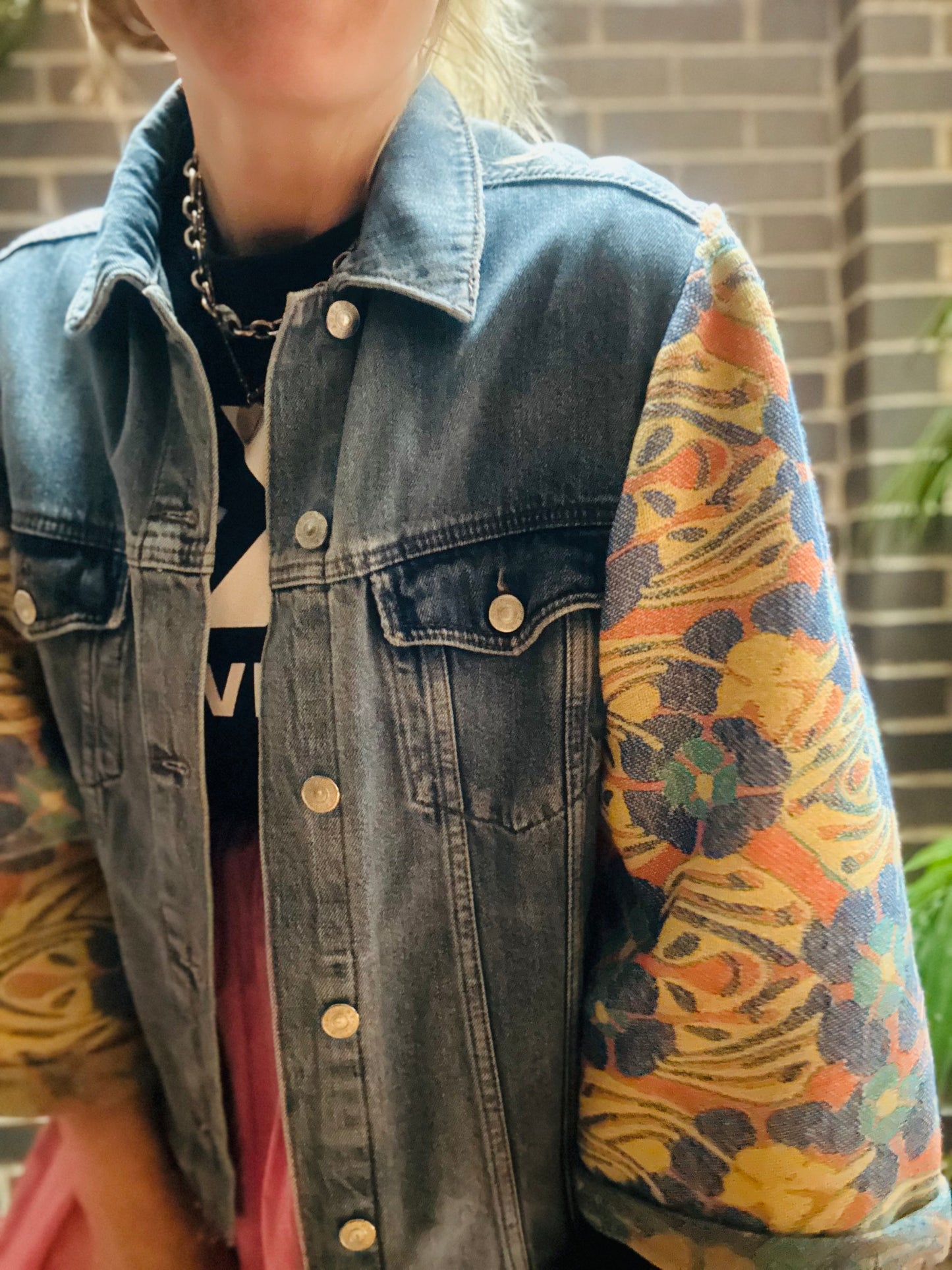 MY collection: Denim repurposed jacket with mustard and teal jaquard sleeves