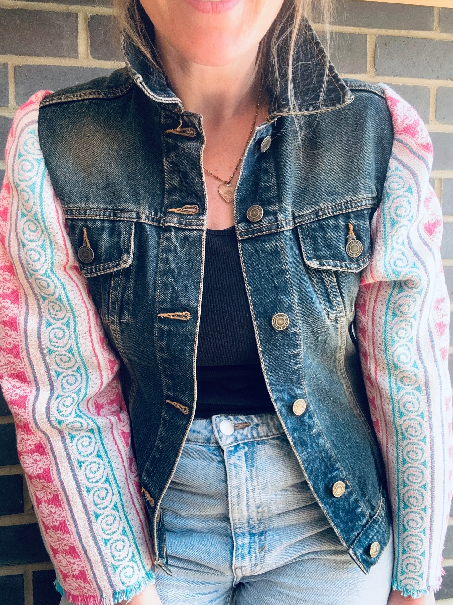 MY collection: Denim repurposed jacket with teal blue and fuschia pink jacquard sleeves