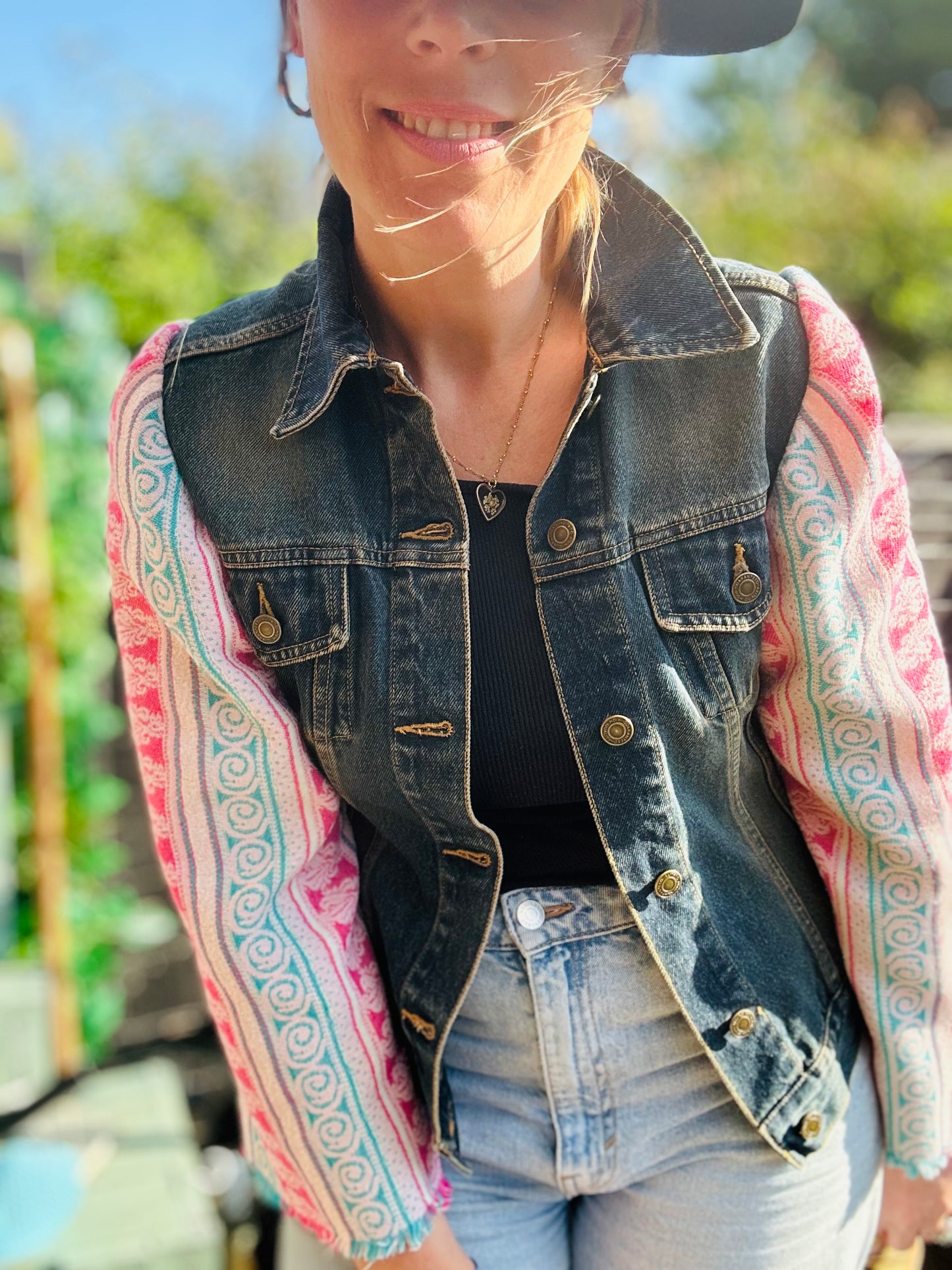 MY collection: Denim repurposed jacket with teal blue and fuschia pink jacquard sleeves