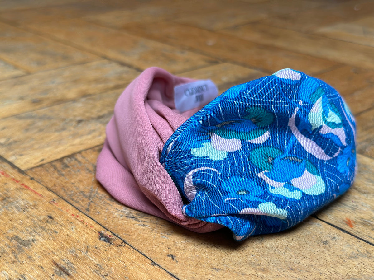 Blue pink and green swirls turban-twist mixed with rose plain chiffon