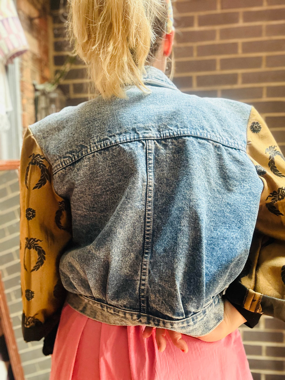 MY collection: Denim repurposed jacket with gold and black jaquard sleeves