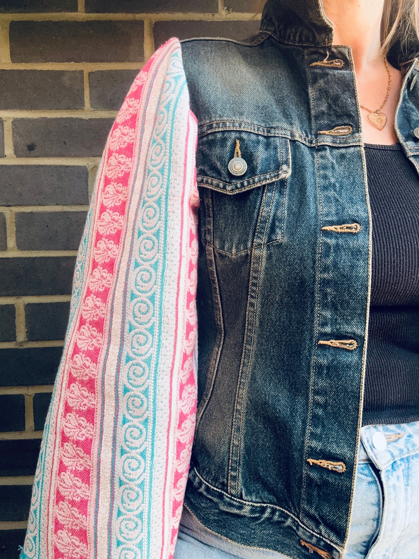 MY collection: Denim repurposed jacket with teal blue and fuschia pink jacquard sleeves