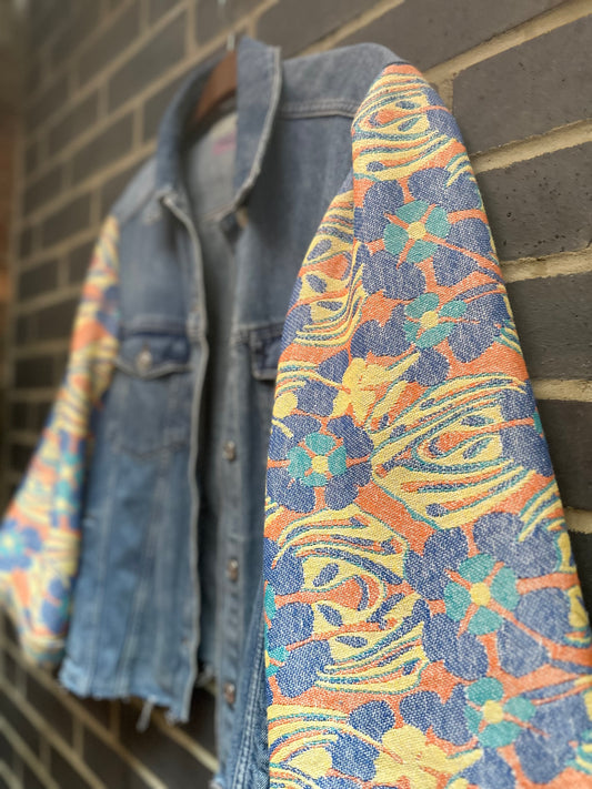 MY collection: Denim repurposed jacket with mustard and teal jaquard sleeves