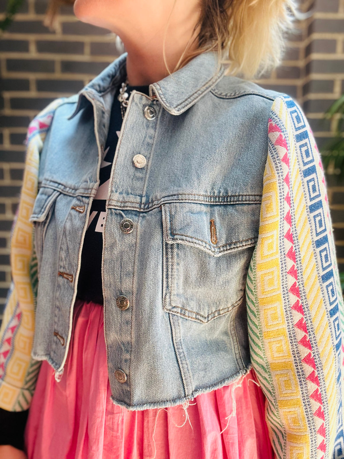 MY collection: Denim repurposed jacket with statement Aztec sleeves