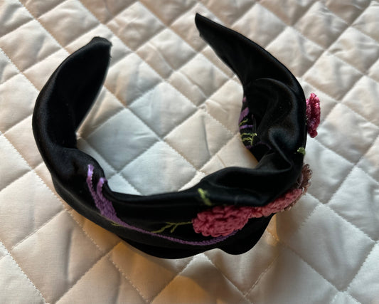 Black satin pink embroidered pleat hairband