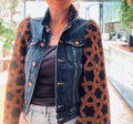 MY collection: Denim repurposed jacket with black and rust jacquard sleeves
