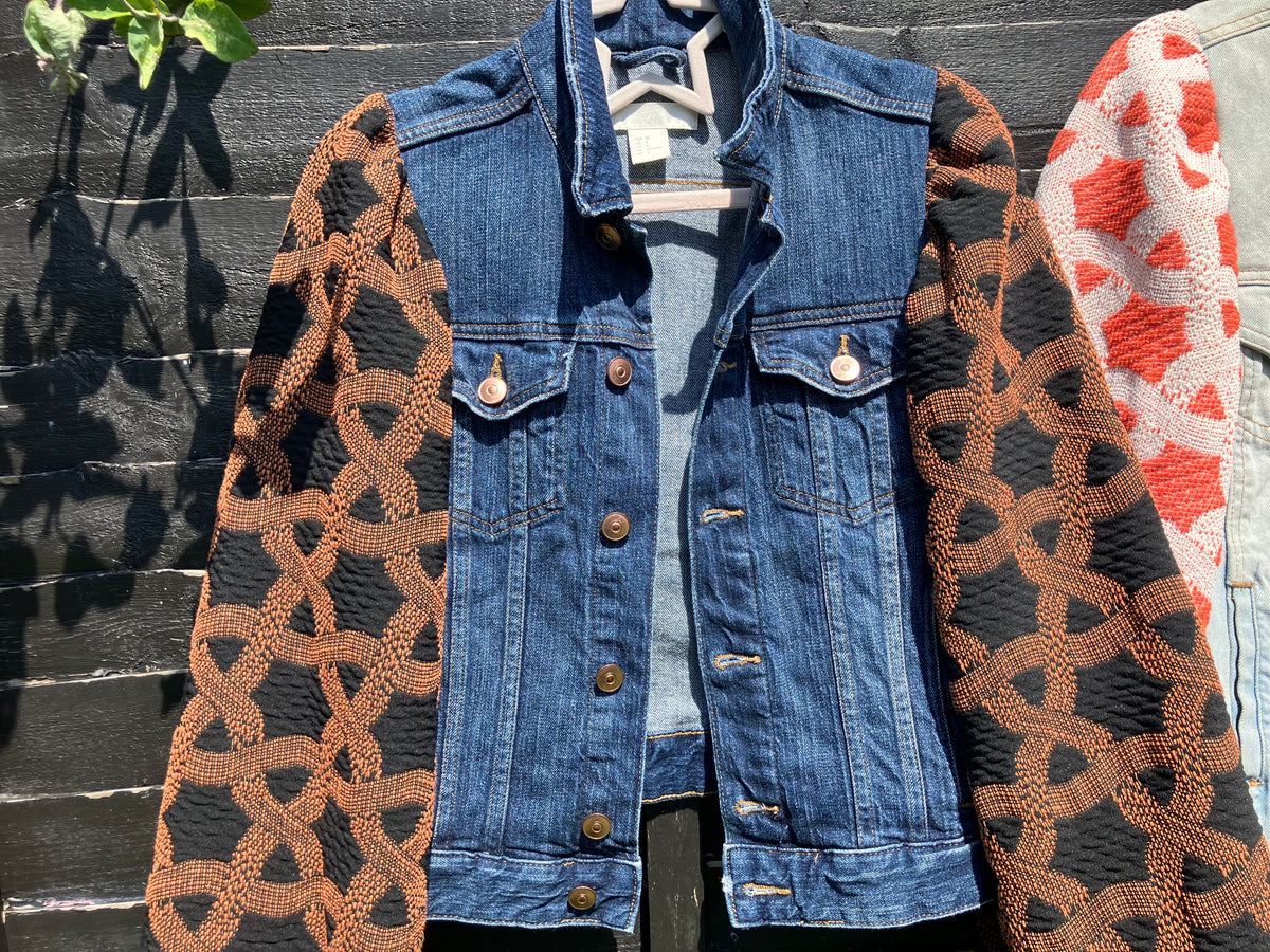 MY collection: Denim repurposed jacket with black and rust jacquard sleeves