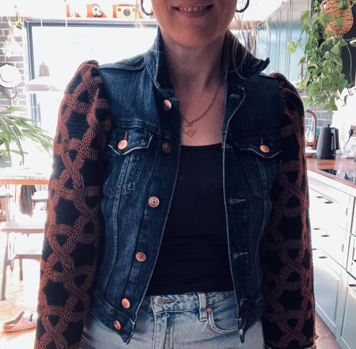 MY collection: Denim repurposed jacket with black and rust jacquard sleeves