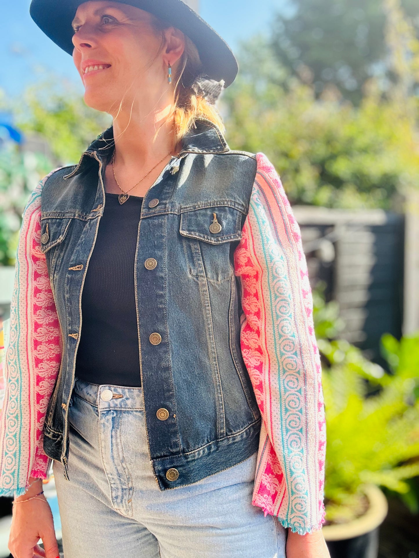 MY collection: Denim repurposed jacket with teal blue and fuschia pink jacquard sleeves