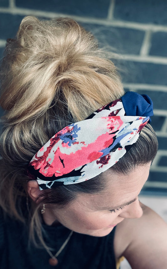 Neon pink and blue floral turban-twist with blue mix
