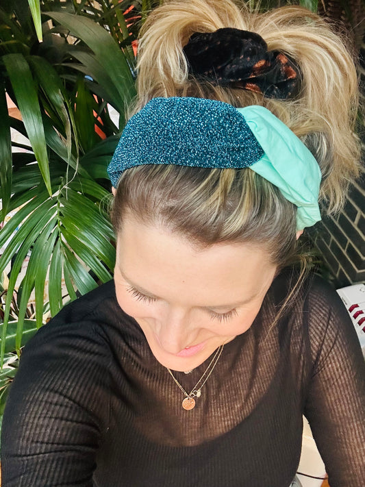 Teal and mint green glitter turban twist