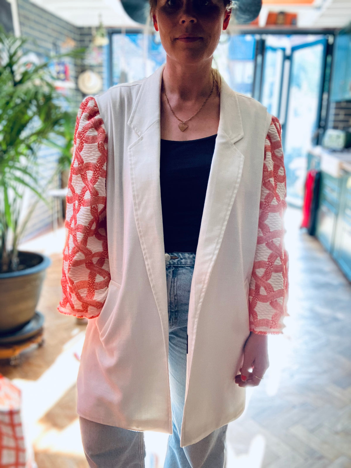 MY collection: Repurposed long blazer with coral and white jacquard sleeves