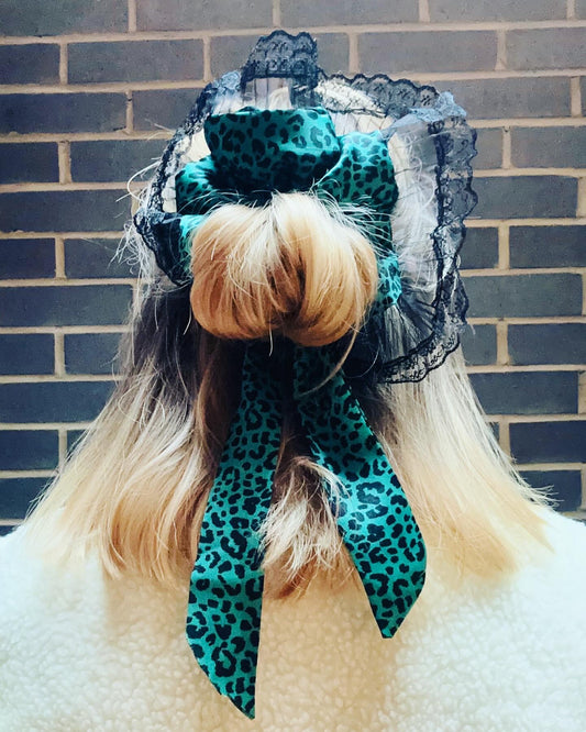 Oversized repurposed bow lace scrunchie
