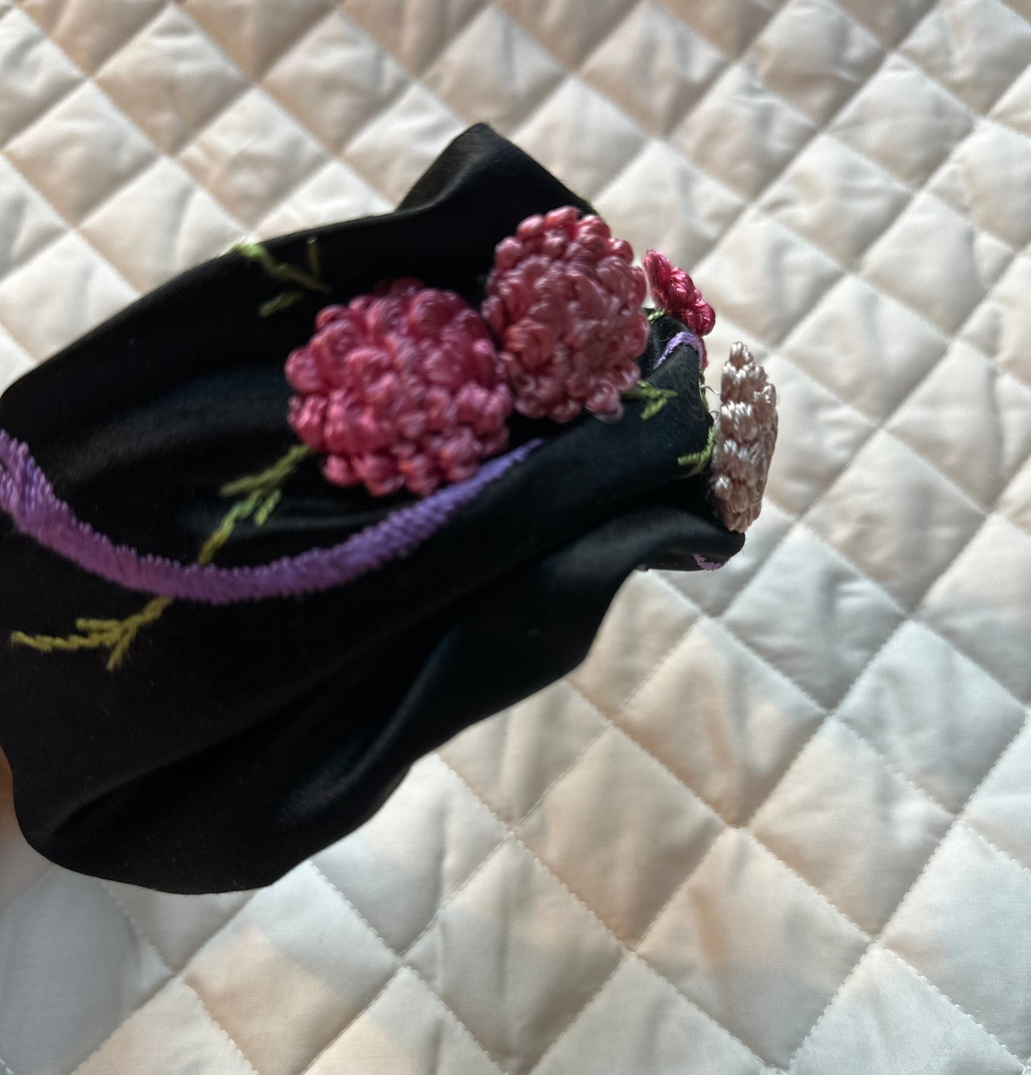 Black satin pink embroidered pleat hairband