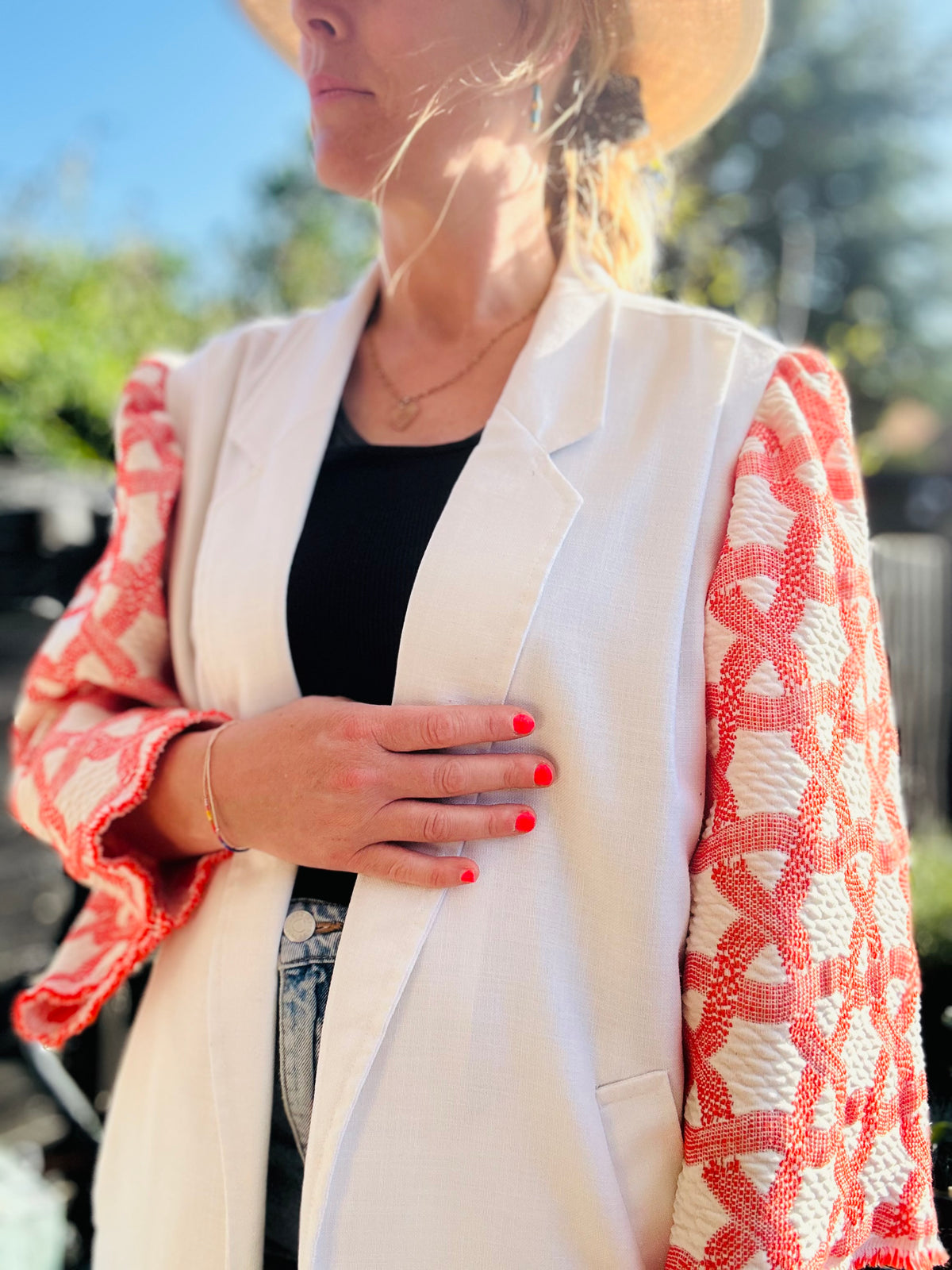 MY collection: Repurposed long blazer with coral and white jacquard sleeves