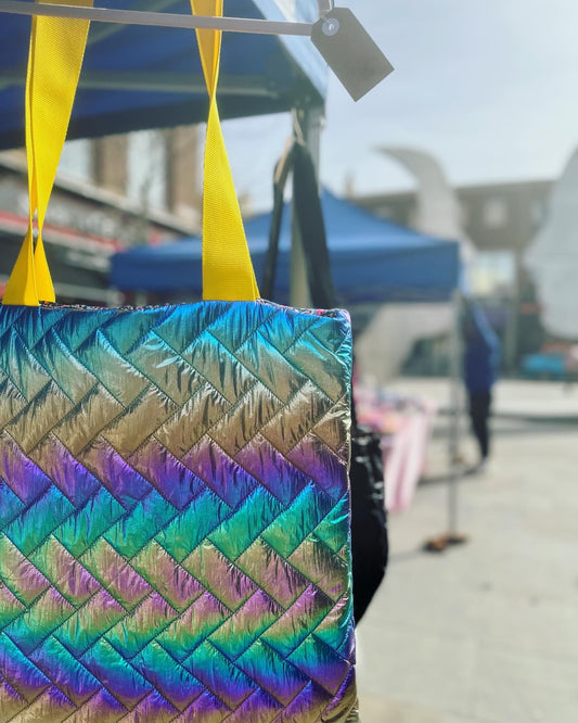 Rainbow iridescent quilt tote bag