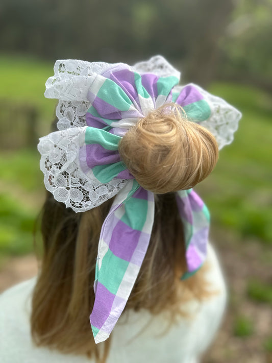 Oversized repurposed bow lace scrunchie mint green and lilac