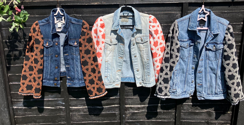 MY collection: Denim repurposed jacket with coral and white jacquard sleeves