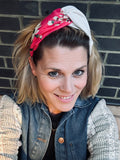 Bright pink floral turban-twist with cream linen mix