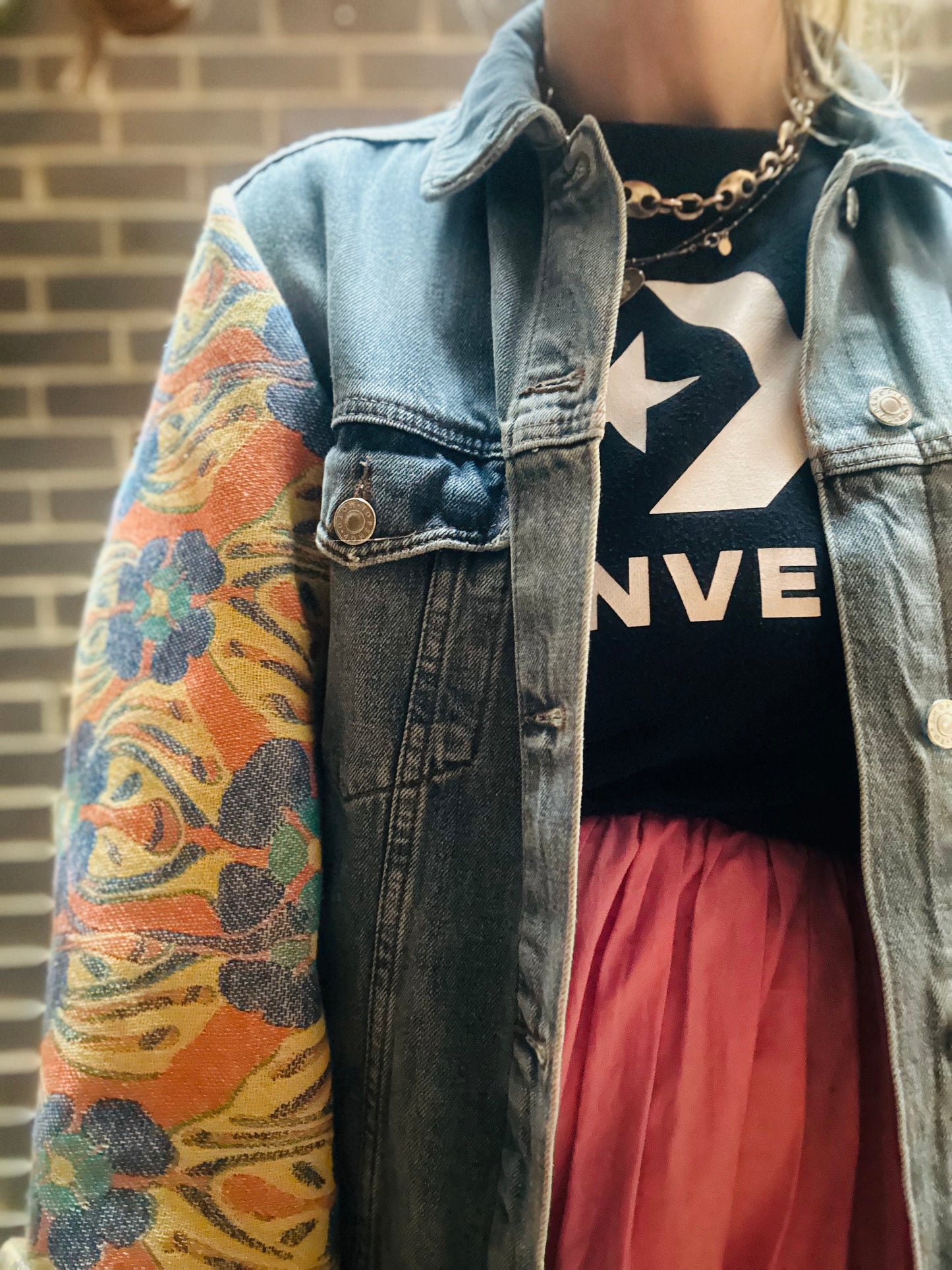 MY collection: Denim repurposed jacket with mustard and teal jaquard sleeves