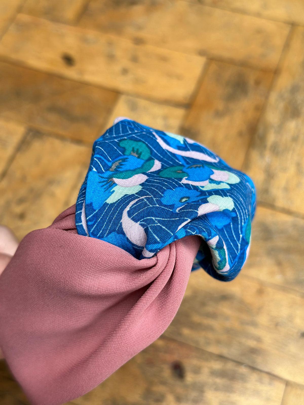 Blue pink and green swirls turban-twist mixed with rose plain chiffon