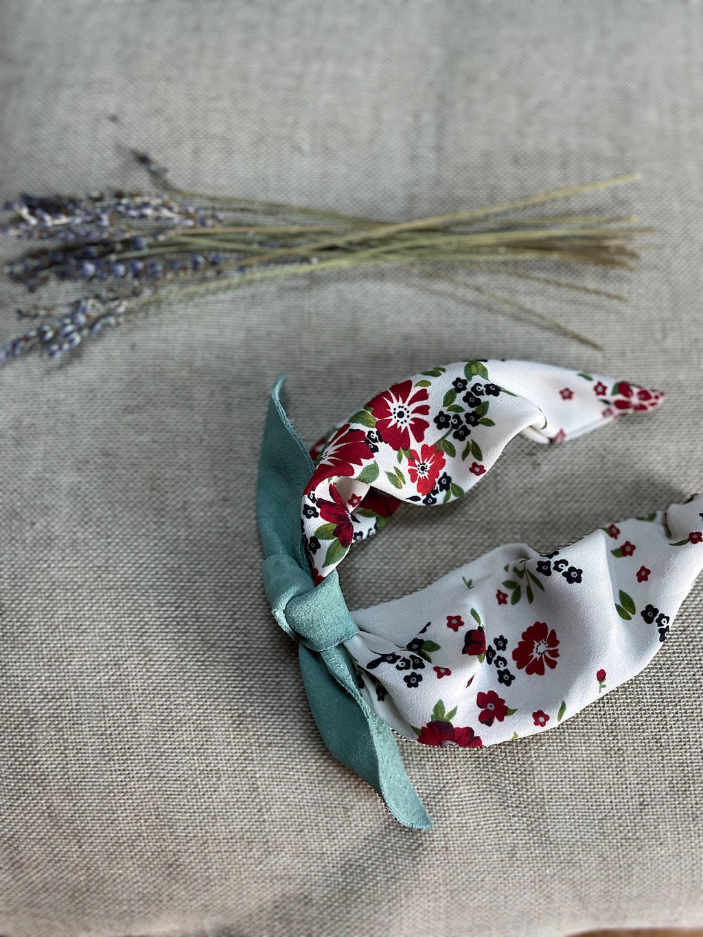 Mix and match suede bow style - sage green, red and white print