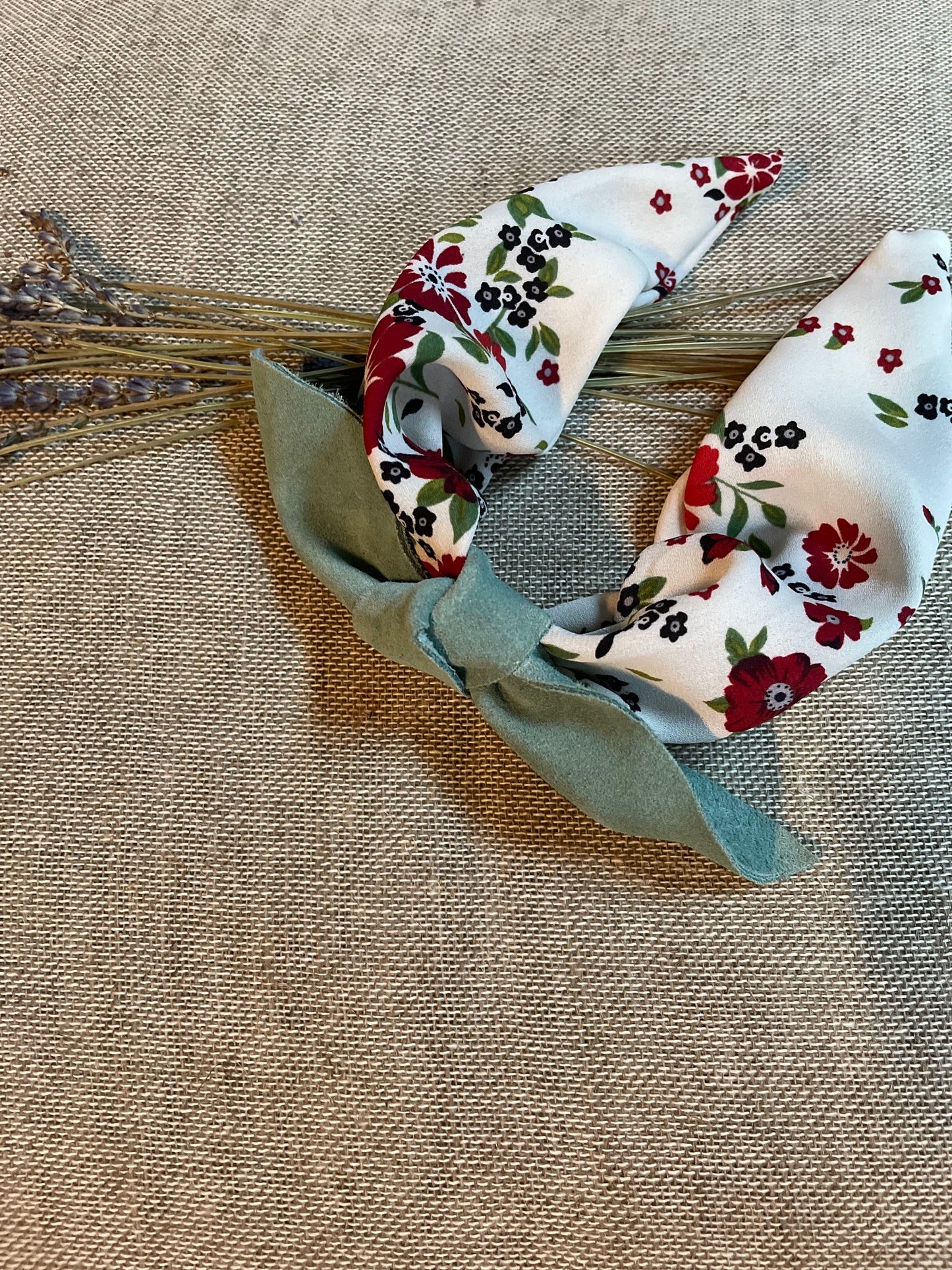 Mix and match suede bow style - sage green, red and white print