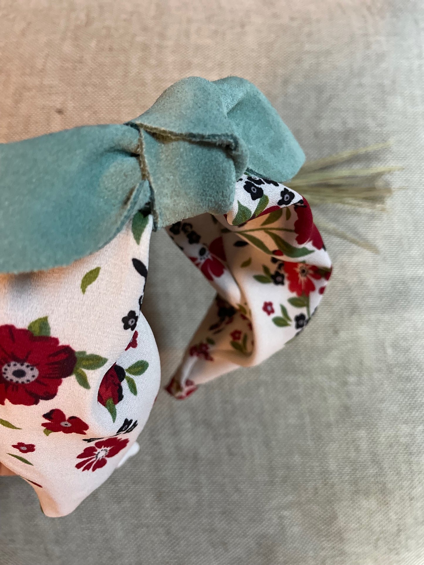 Mix and match suede bow style - sage green, red and white print