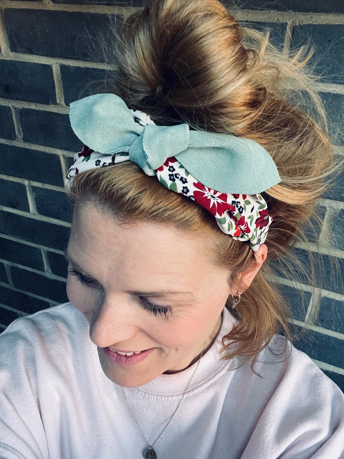 Mix and match suede bow style - sage green, red and white print