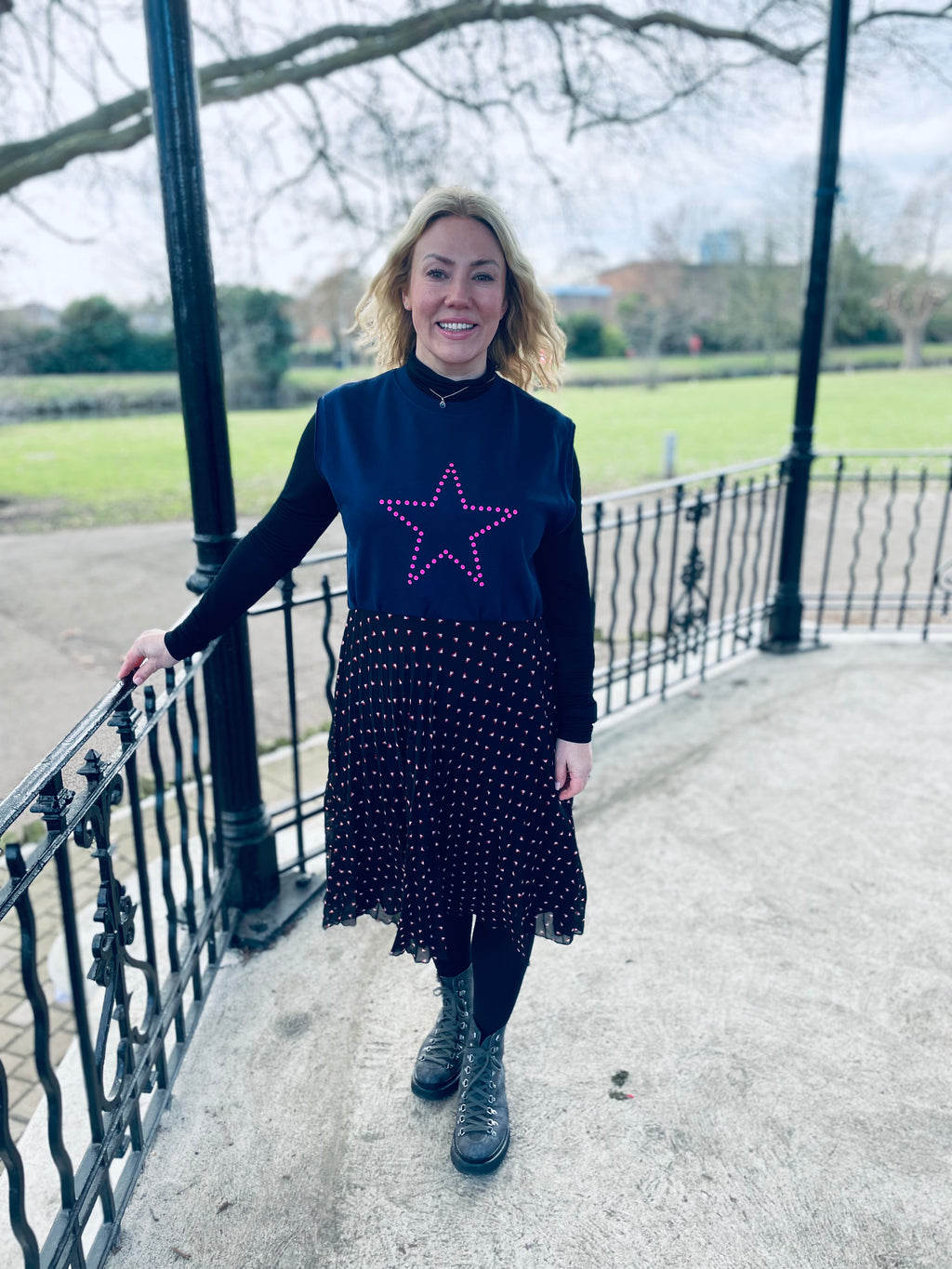 Navy polka dot star with pleated heart base Neon Marl X CLJ repurposed dress