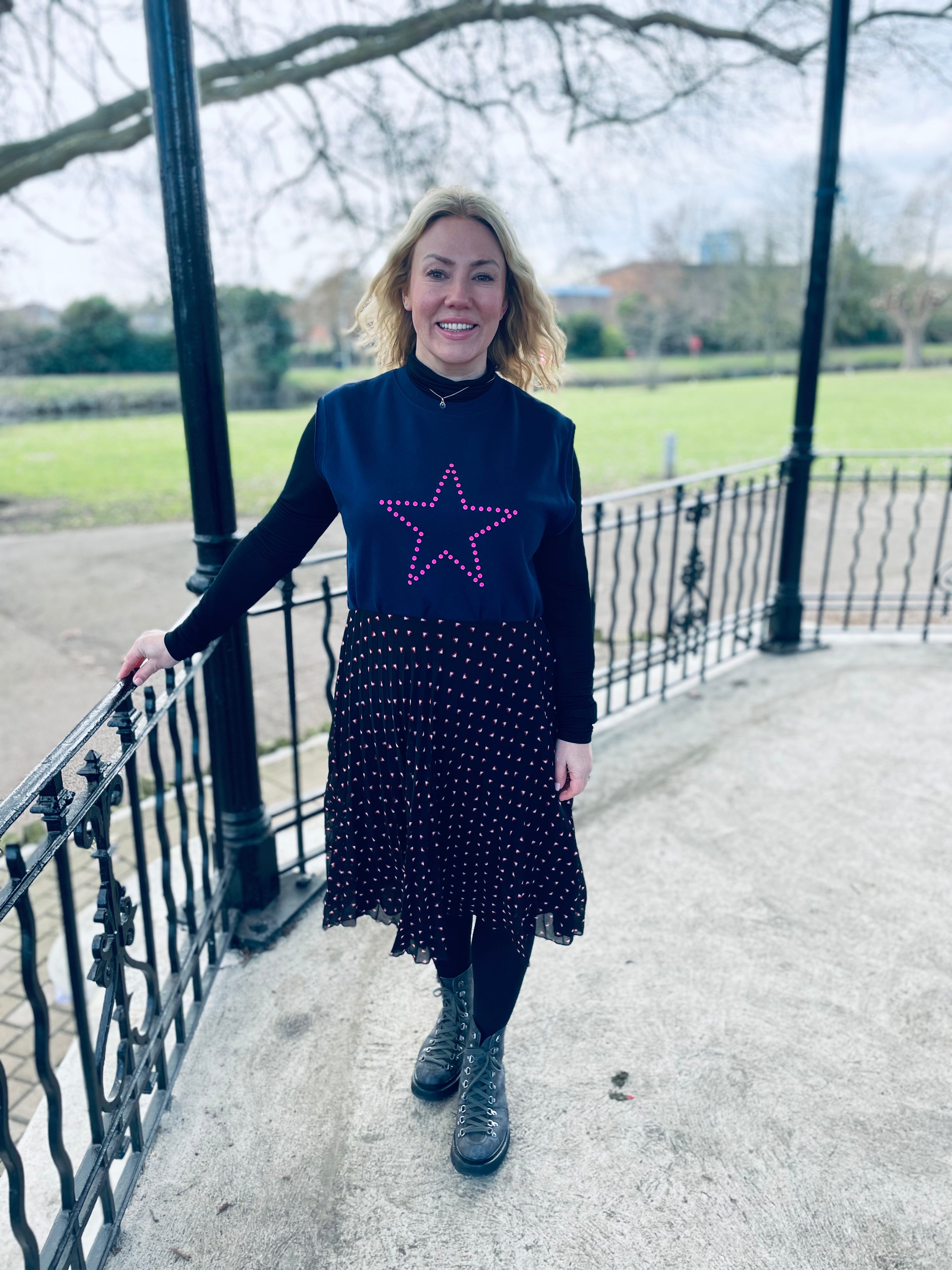 Navy polka dot star with pleated heart base Neon Marl X CLJ repurposed dress
