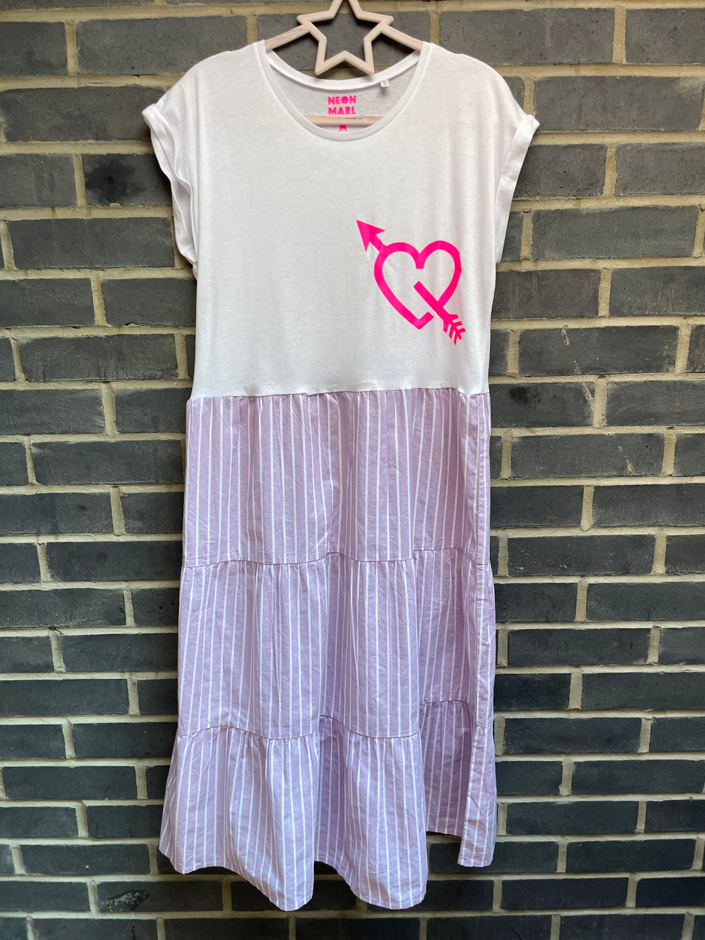 Bright pink arrow heart white tee mixed with lilac striped Neon Marl X CLJ repurposed dress