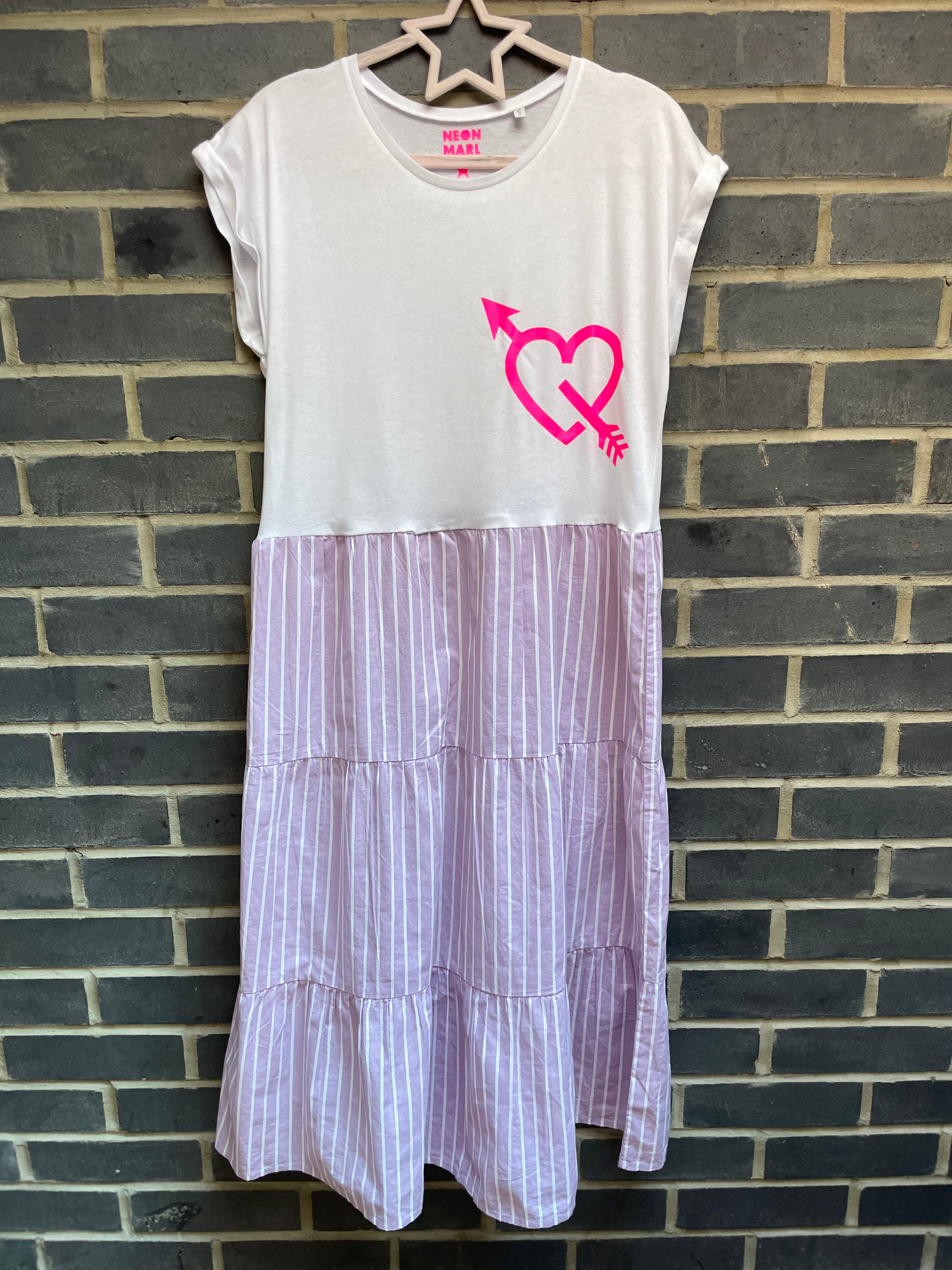 Bright pink arrow heart white tee mixed with lilac striped Neon Marl X CLJ repurposed dress