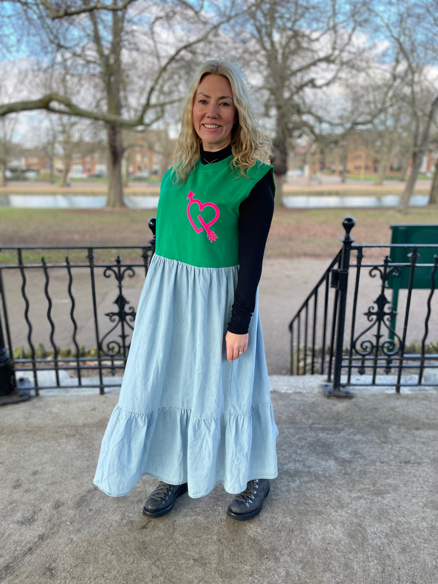 Pink arrow heart green sweater mixed with denim Neon Marl X CLJ repurposed dress