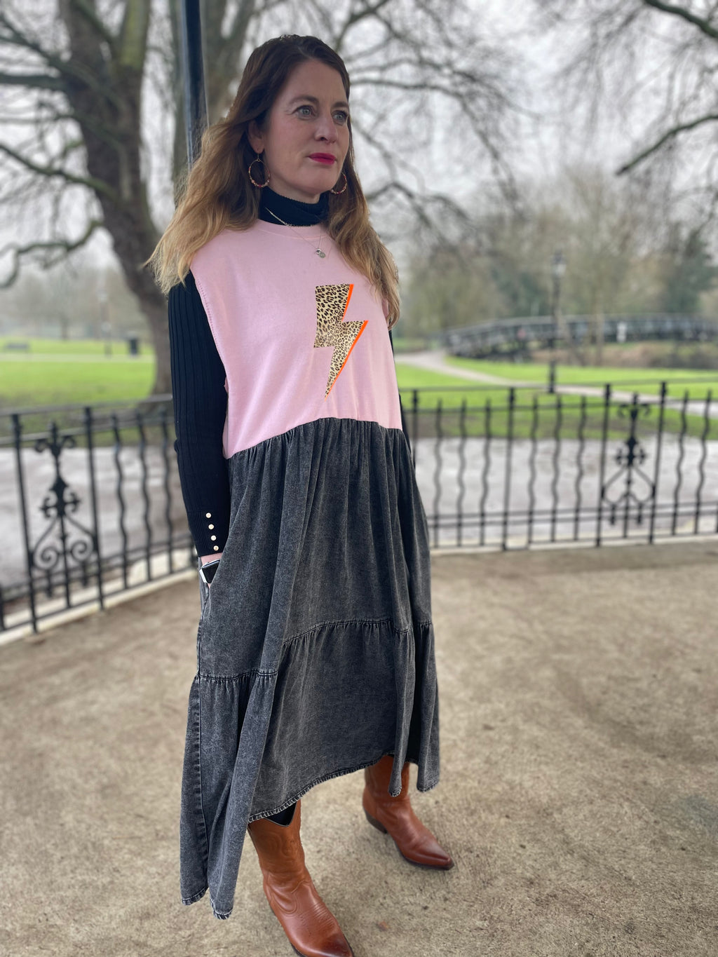 Pink leopard lightning blot sweater mixed with denim Neon Marl X CLJ repurposed dress