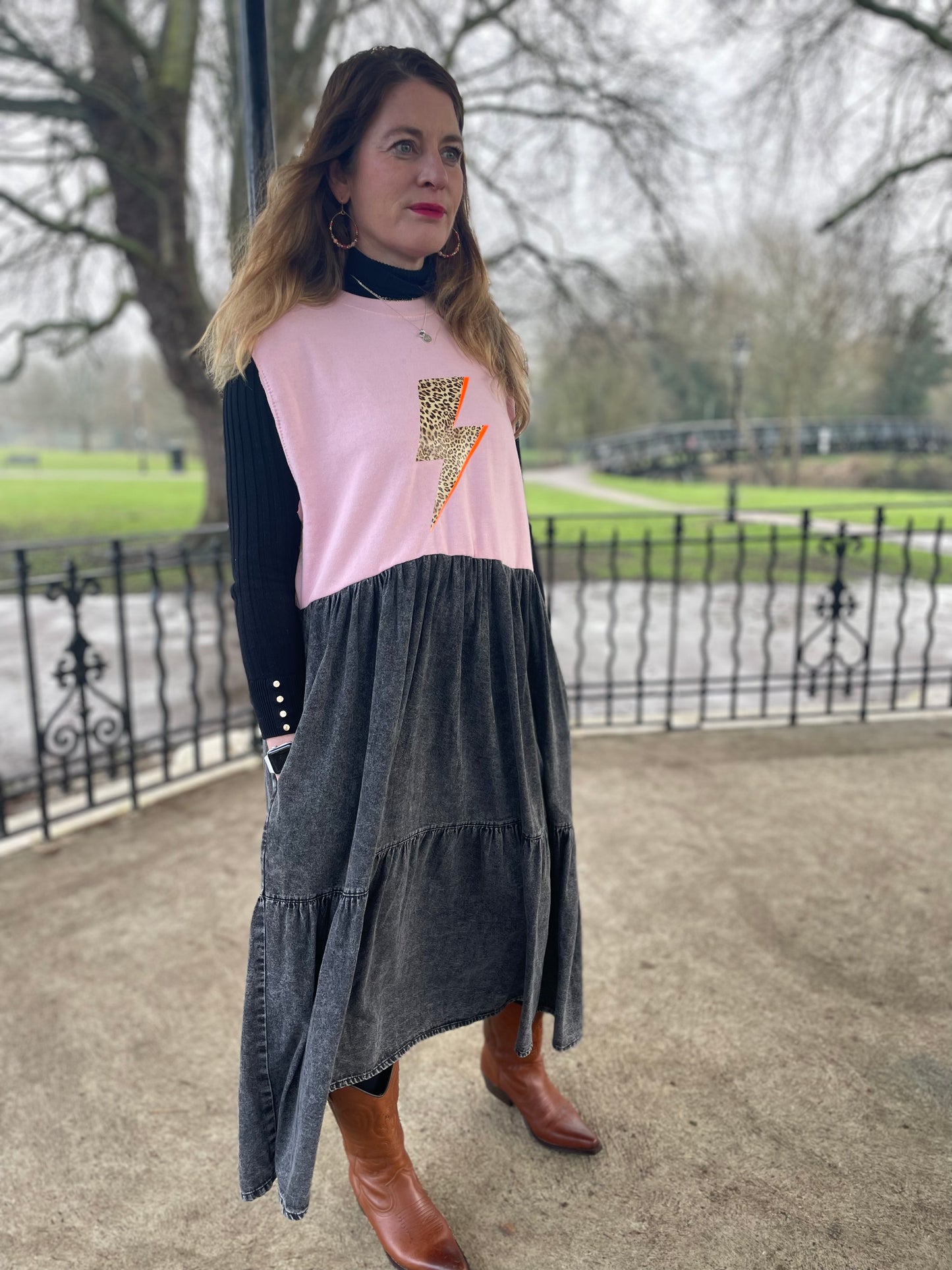 Pink leopard lightning blot sweater mixed with denim Neon Marl X CLJ repurposed dress