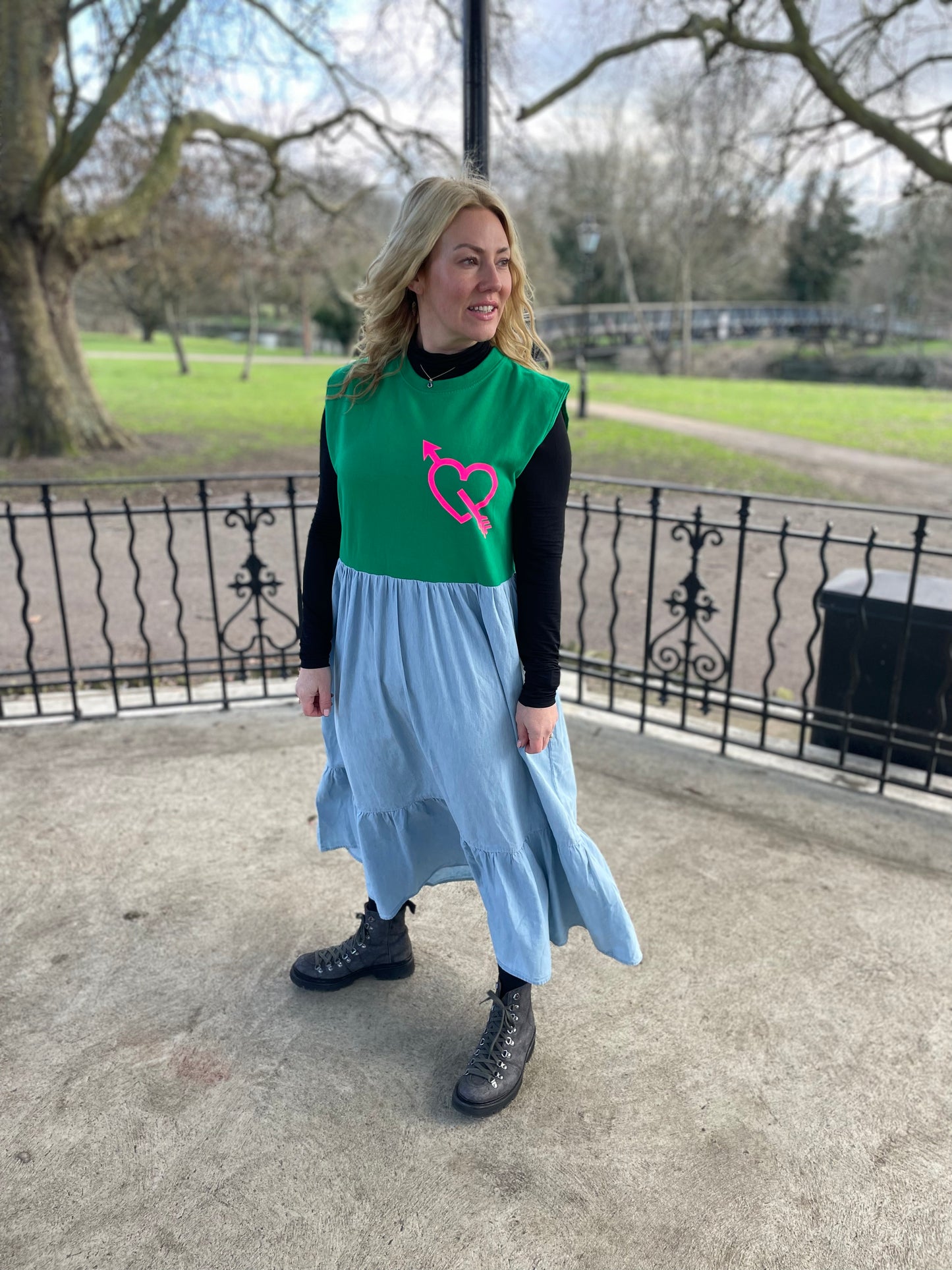 Pink arrow heart green sweater mixed with denim Neon Marl X CLJ repurposed dress