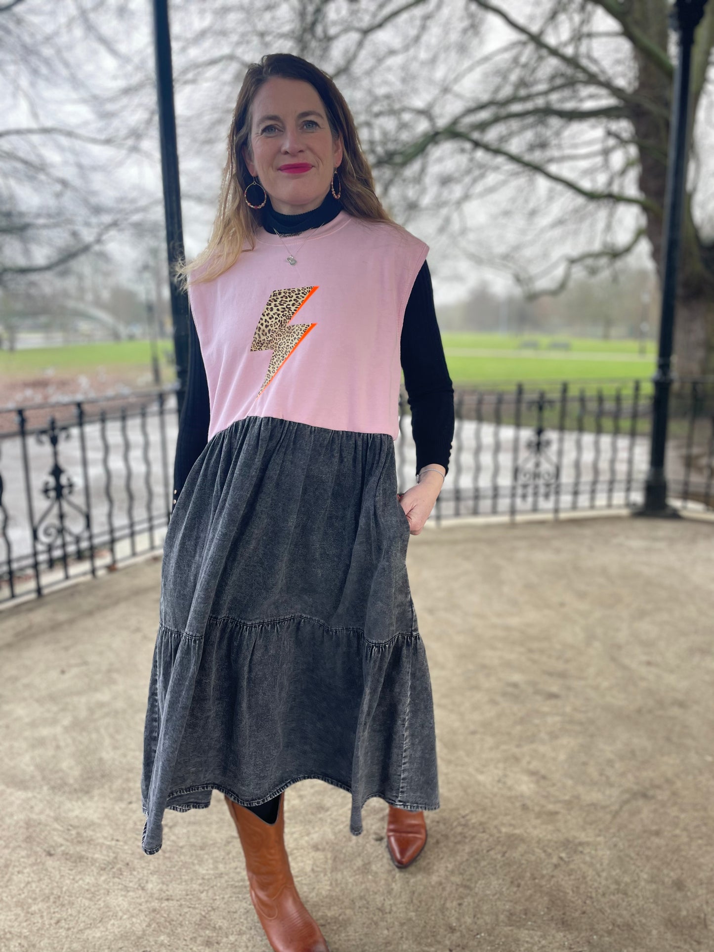 Pink leopard lightning blot sweater mixed with denim Neon Marl X CLJ repurposed dress