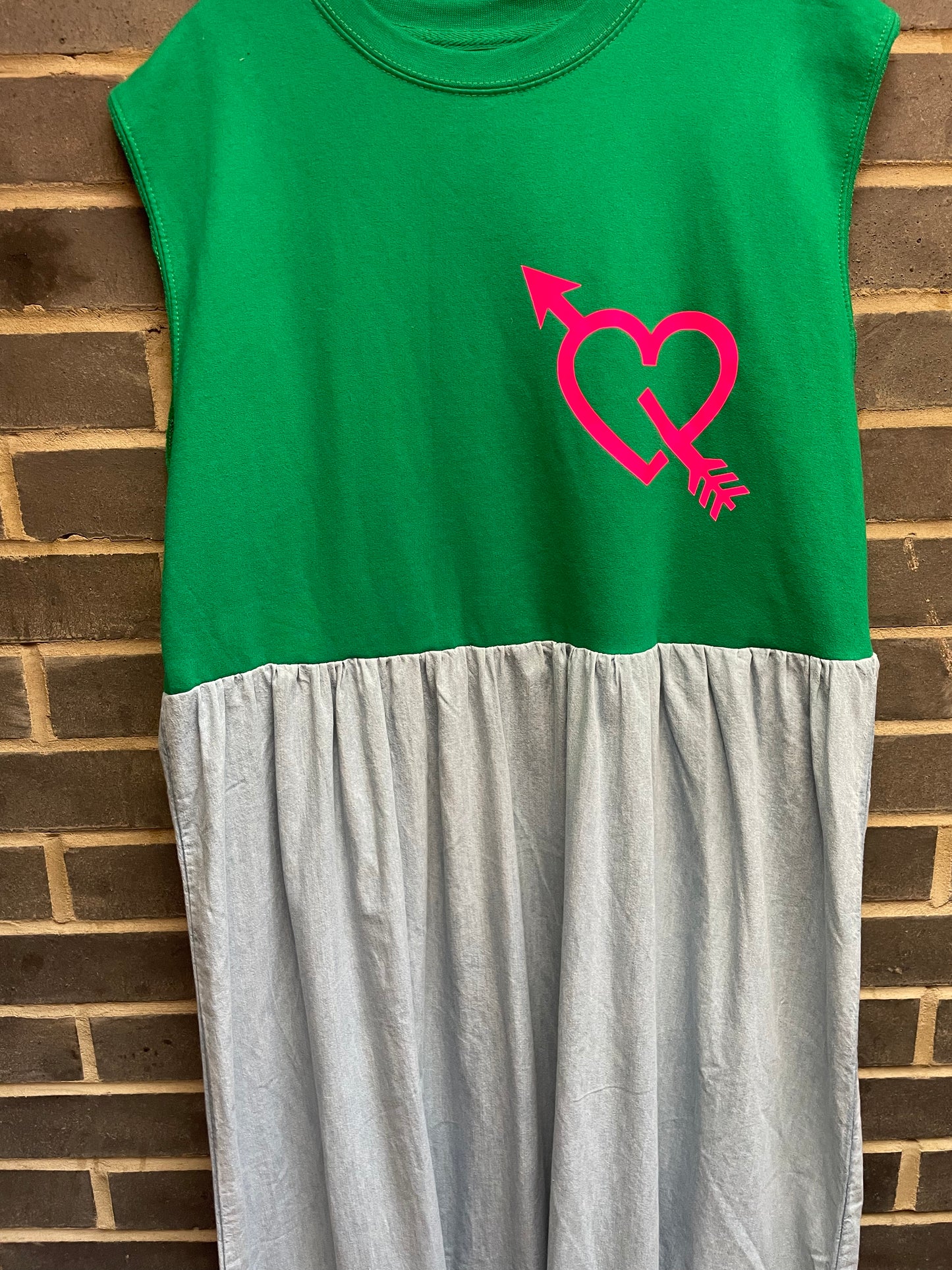 Pink arrow heart green sweater mixed with denim Neon Marl X CLJ repurposed dress